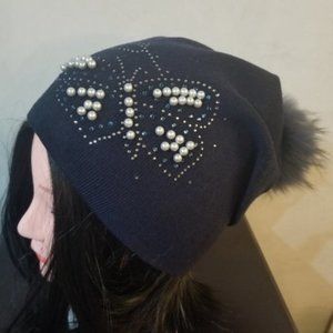 Rhinestone pearl butterfly Raccoon pompom Navy Hat